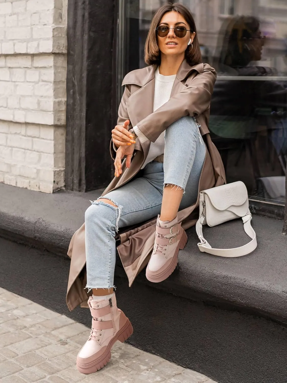 Women's Combat Boots Chunky Platform Lug Sole Ankle Boots Buckle Lace Up Moto Boots with Side Zipper