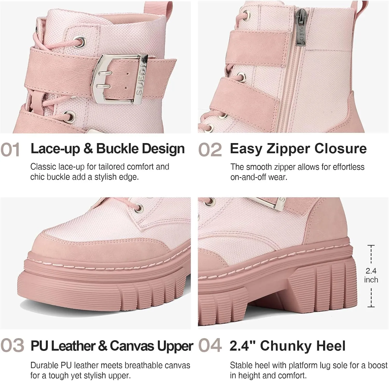 Women's Combat Boots Chunky Platform Lug Sole Ankle Boots Buckle Lace Up Moto Boots with Side Zipper