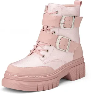 Women's Combat Boots Chunky Platform Lug Sole Ankle Boots Buckle Lace Up Moto Boots with Side Zipper
