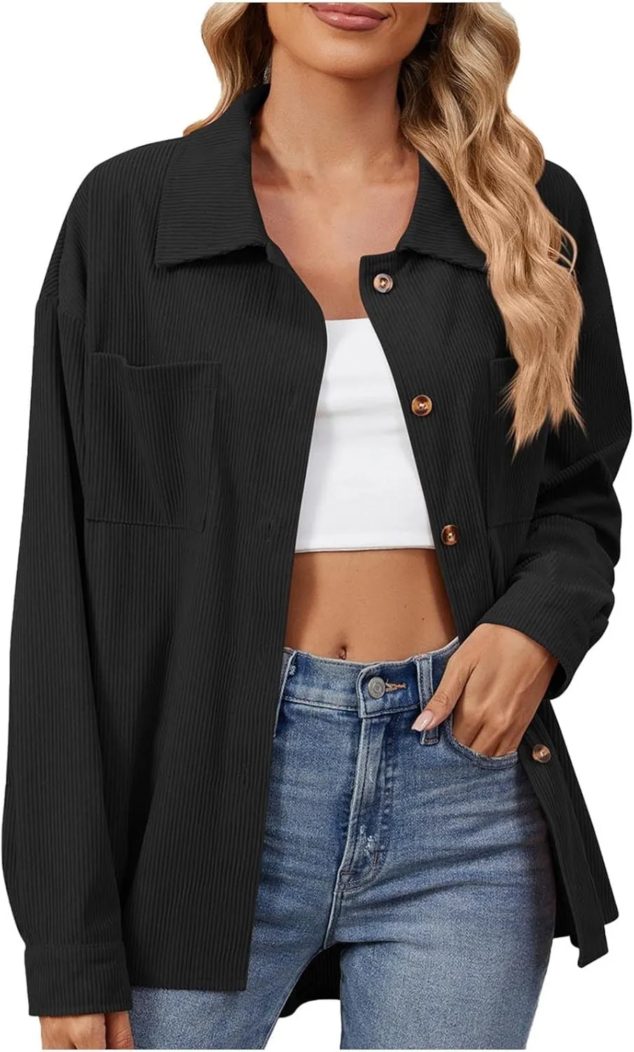 Womens Corduroy Jacket Button Down tops Casual Shacket Long Sleeve Coats Loose Trendy Drop Shoulder Shirts Jacket