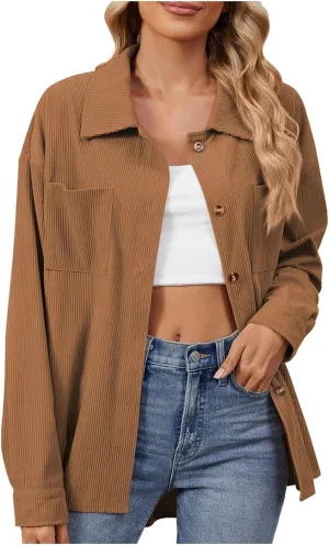 Womens Corduroy Jacket Button Down tops Casual Shacket Long Sleeve Coats Loose Trendy Drop Shoulder Shirts Jacket