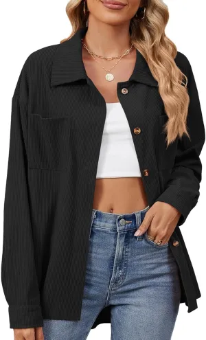 Womens Corduroy Jacket Button Down tops Casual Shacket Long Sleeve Coats Loose Trendy Drop Shoulder Shirts Jacket