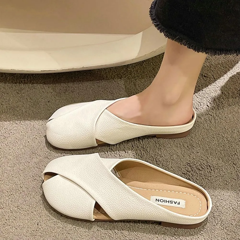 Women's Crisscross Square Toe Flat Leather Mules Slip On Slide Mules Low Heel Backless Sandals Cute Ladies Slides 2025