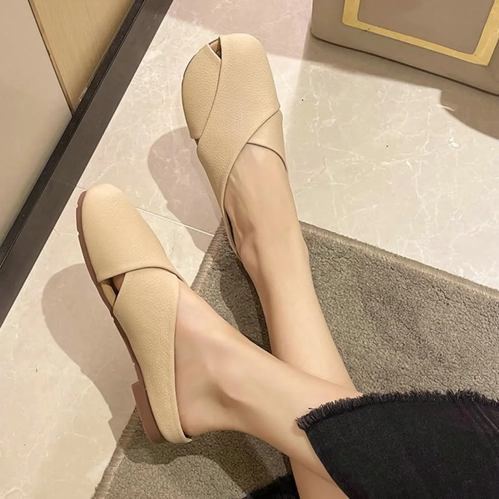 Women's Crisscross Square Toe Flat Leather Mules Slip On Slide Mules Low Heel Backless Sandals Cute Ladies Slides 2025