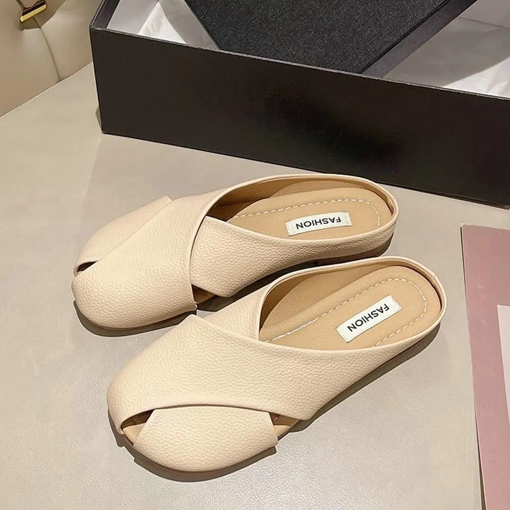 Women's Crisscross Square Toe Flat Leather Mules Slip On Slide Mules Low Heel Backless Sandals Cute Ladies Slides 2025