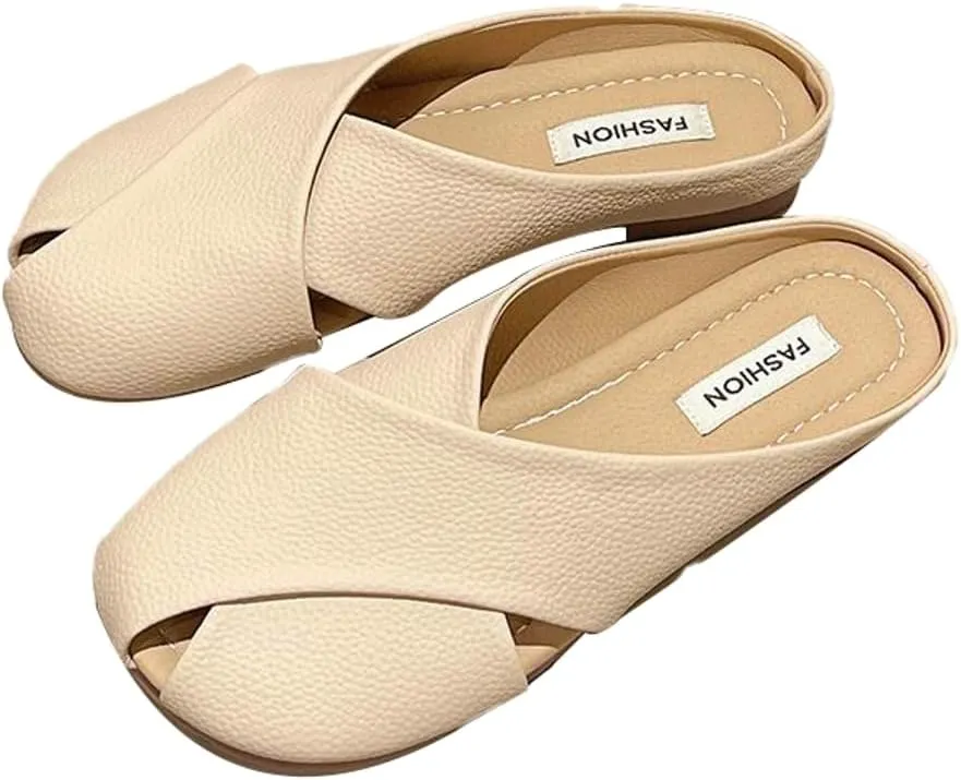 Women's Crisscross Square Toe Flat Leather Mules Slip On Slide Mules Low Heel Backless Sandals Cute Ladies Slides 2025