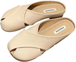 Women's Crisscross Square Toe Flat Leather Mules Slip On Slide Mules Low Heel Backless Sandals Cute Ladies Slides 2025