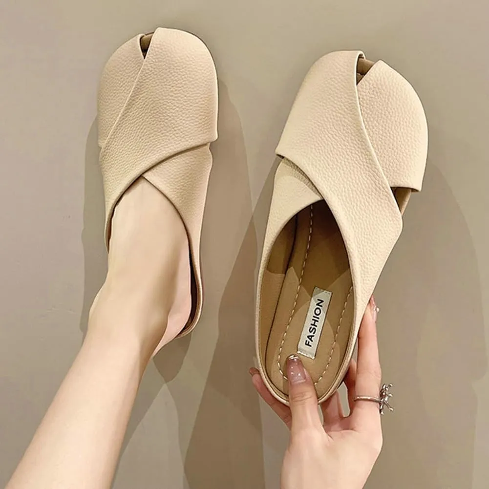 Women's Crisscross Square Toe Flat Leather Mules Slip On Slide Mules Low Heel Backless Sandals Cute Ladies Slides 2025