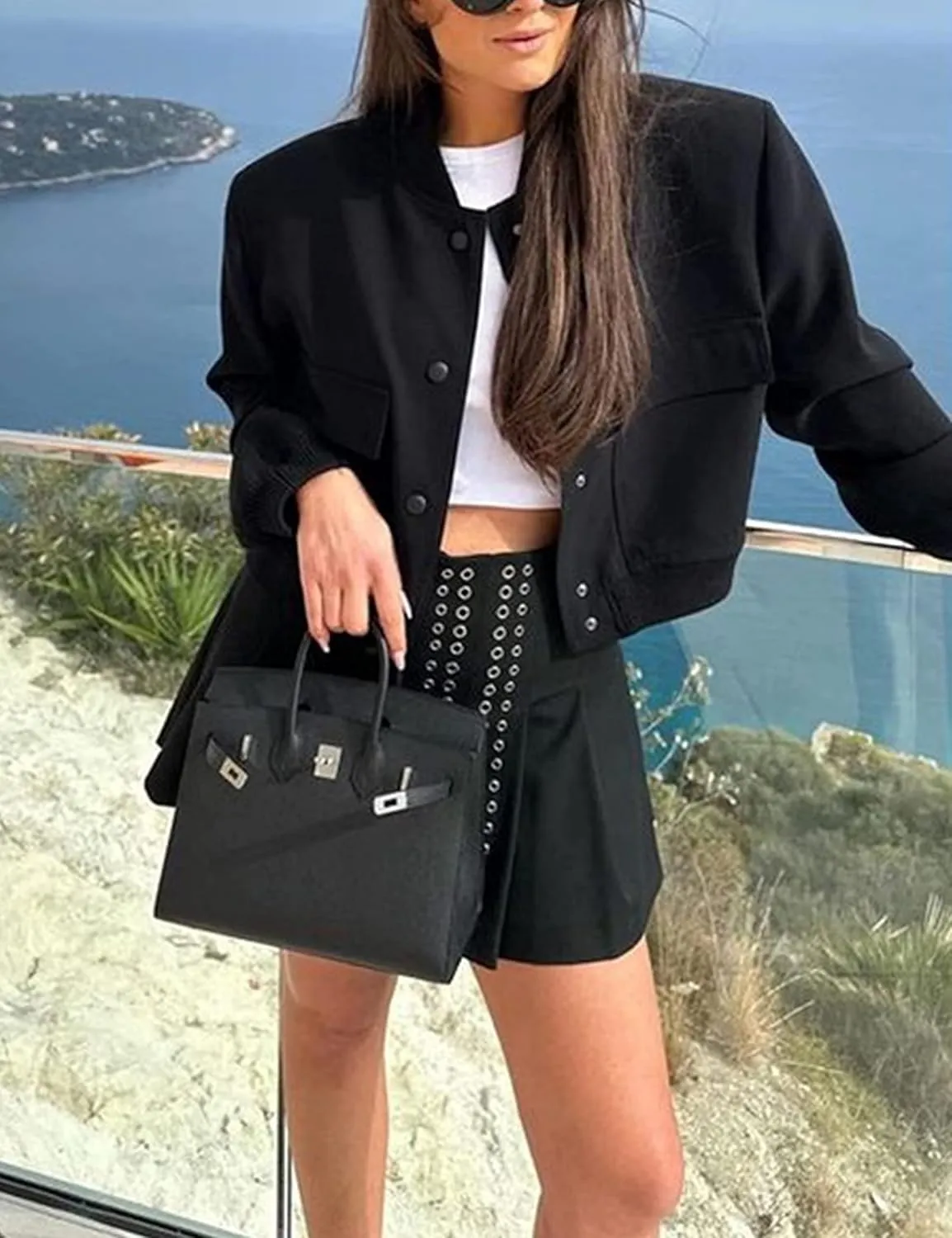 Womens Cropped Bomber Jacket Button Down Varsity Jackets Shackets with Pockets
