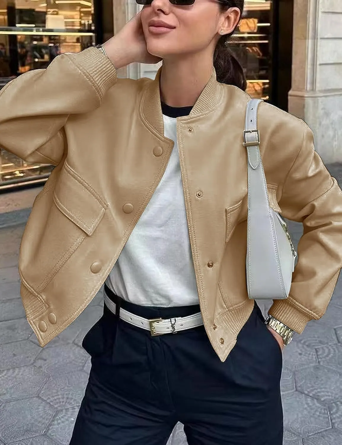 Womens Cropped Bomber Jacket Button Down Varsity Jackets Shackets with Pockets