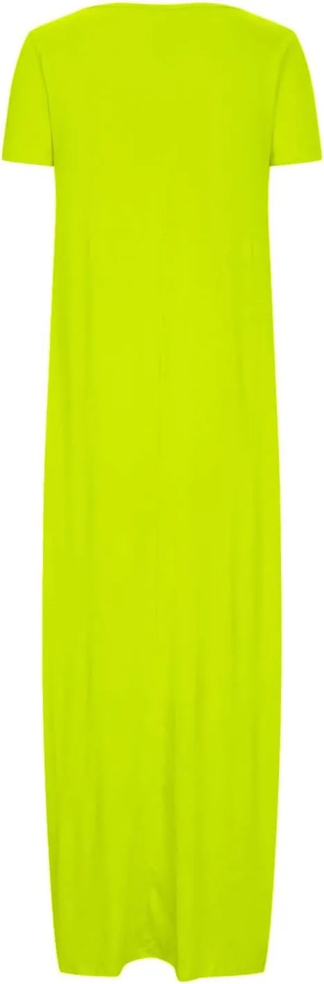 Womens Dress 2024 Fashion Casual Crewneck Solid Flowy Swing Long Tunic Top Dress with Pocket Short Sleeve Maxi Dress