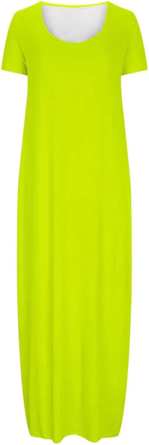 Womens Dress 2024 Fashion Casual Crewneck Solid Flowy Swing Long Tunic Top Dress with Pocket Short Sleeve Maxi Dress