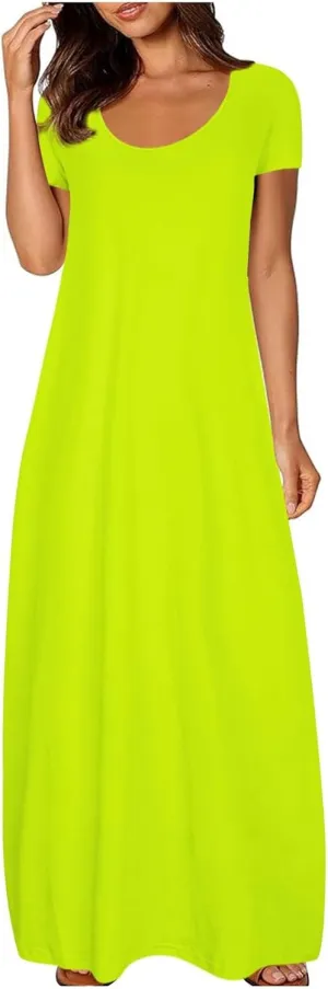 Womens Dress 2024 Fashion Casual Crewneck Solid Flowy Swing Long Tunic Top Dress with Pocket Short Sleeve Maxi Dress