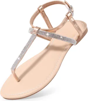 Women's Dressy Sandals Flat Glitter Comfortable Slides Rhinestone Sandals for Women Ladies Fashion Shoes