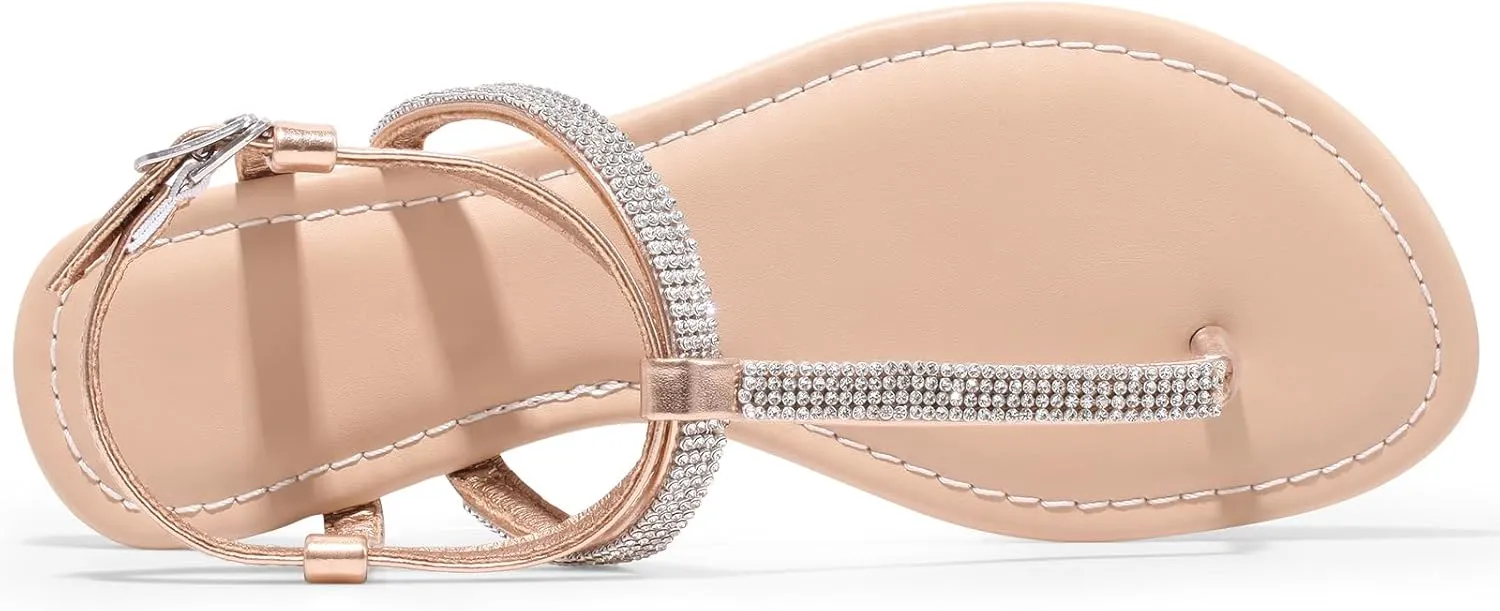 Women's Dressy Sandals Flat Glitter Comfortable Slides Rhinestone Sandals for Women Ladies Fashion Shoes