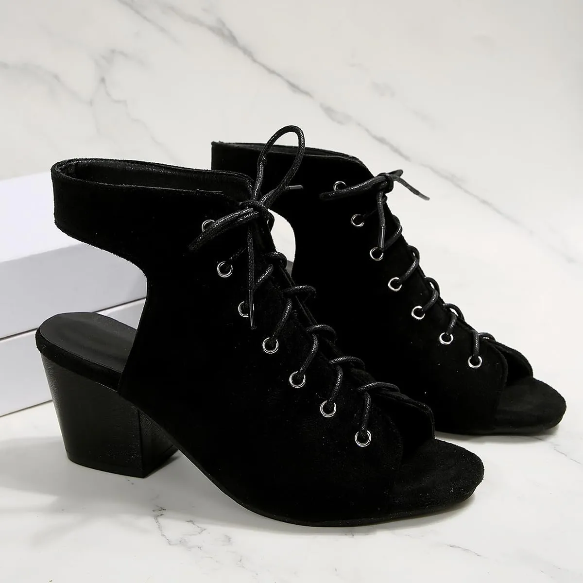 Women's Fashion Peep Toe Chunky Block Mid Heel Sandals Faux Suede Lace Up Summer Sandals Booties with Back Zip