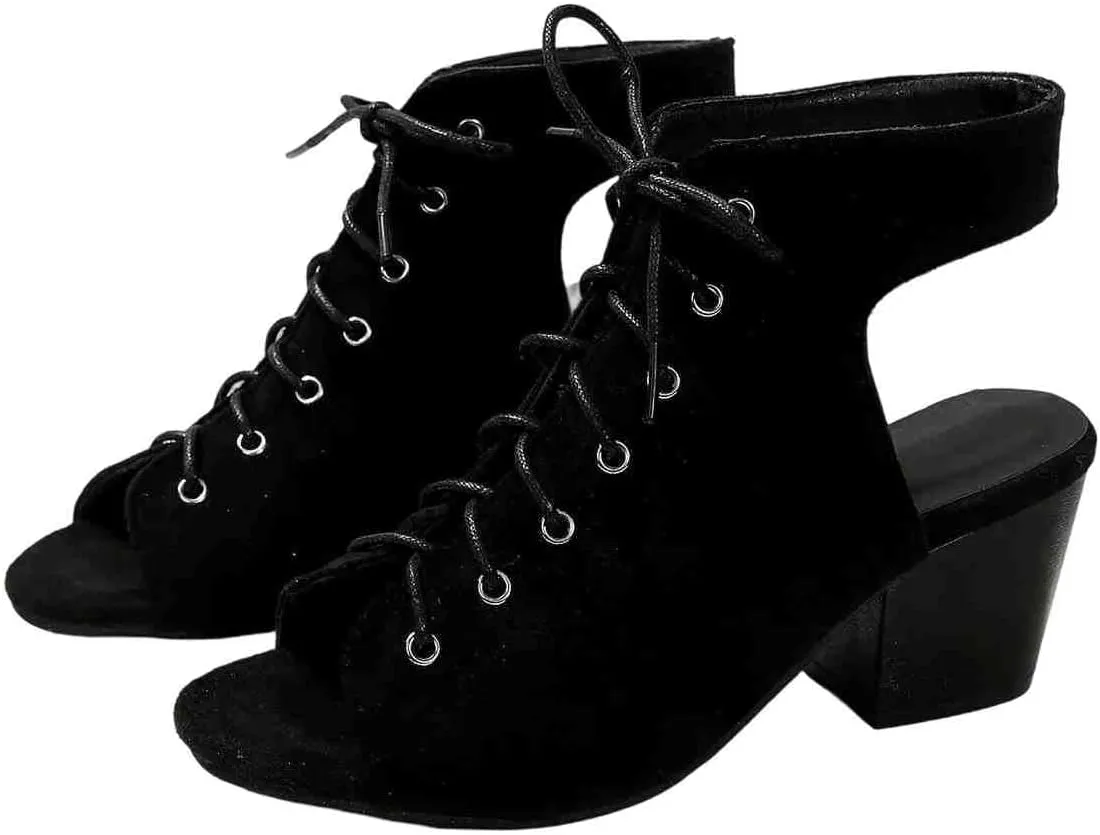 Women's Fashion Peep Toe Chunky Block Mid Heel Sandals Faux Suede Lace Up Summer Sandals Booties with Back Zip