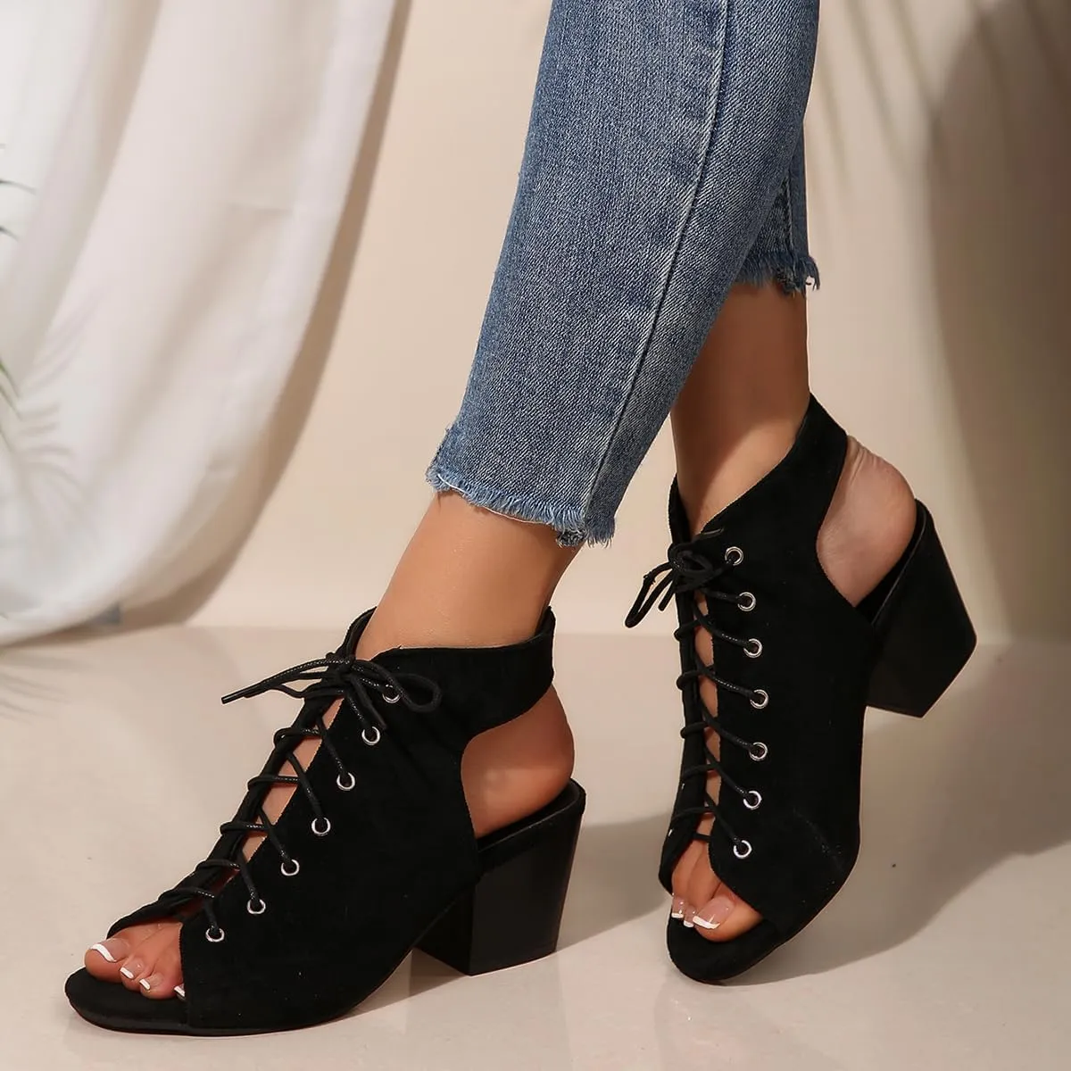 Women's Fashion Peep Toe Chunky Block Mid Heel Sandals Faux Suede Lace Up Summer Sandals Booties with Back Zip