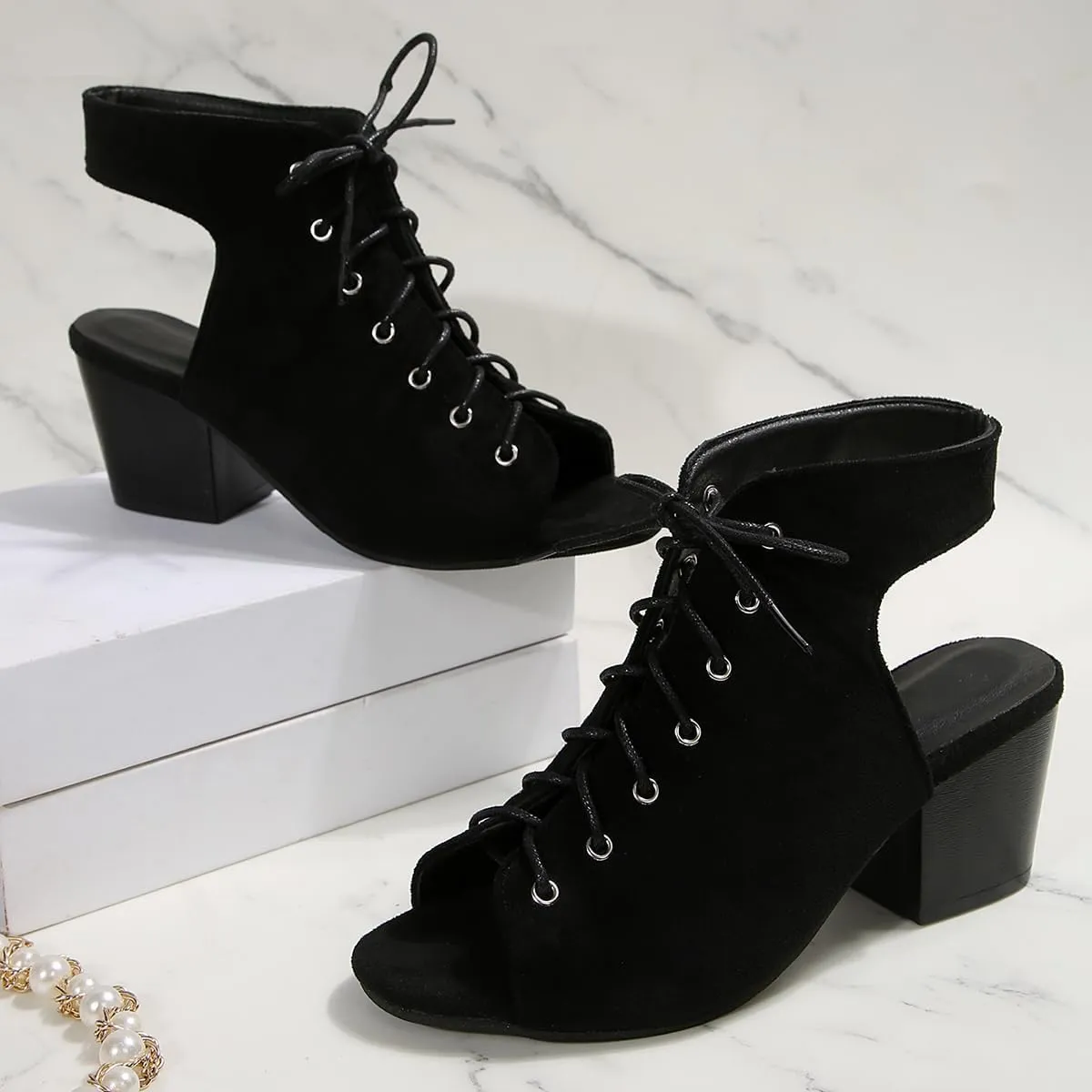 Women's Fashion Peep Toe Chunky Block Mid Heel Sandals Faux Suede Lace Up Summer Sandals Booties with Back Zip