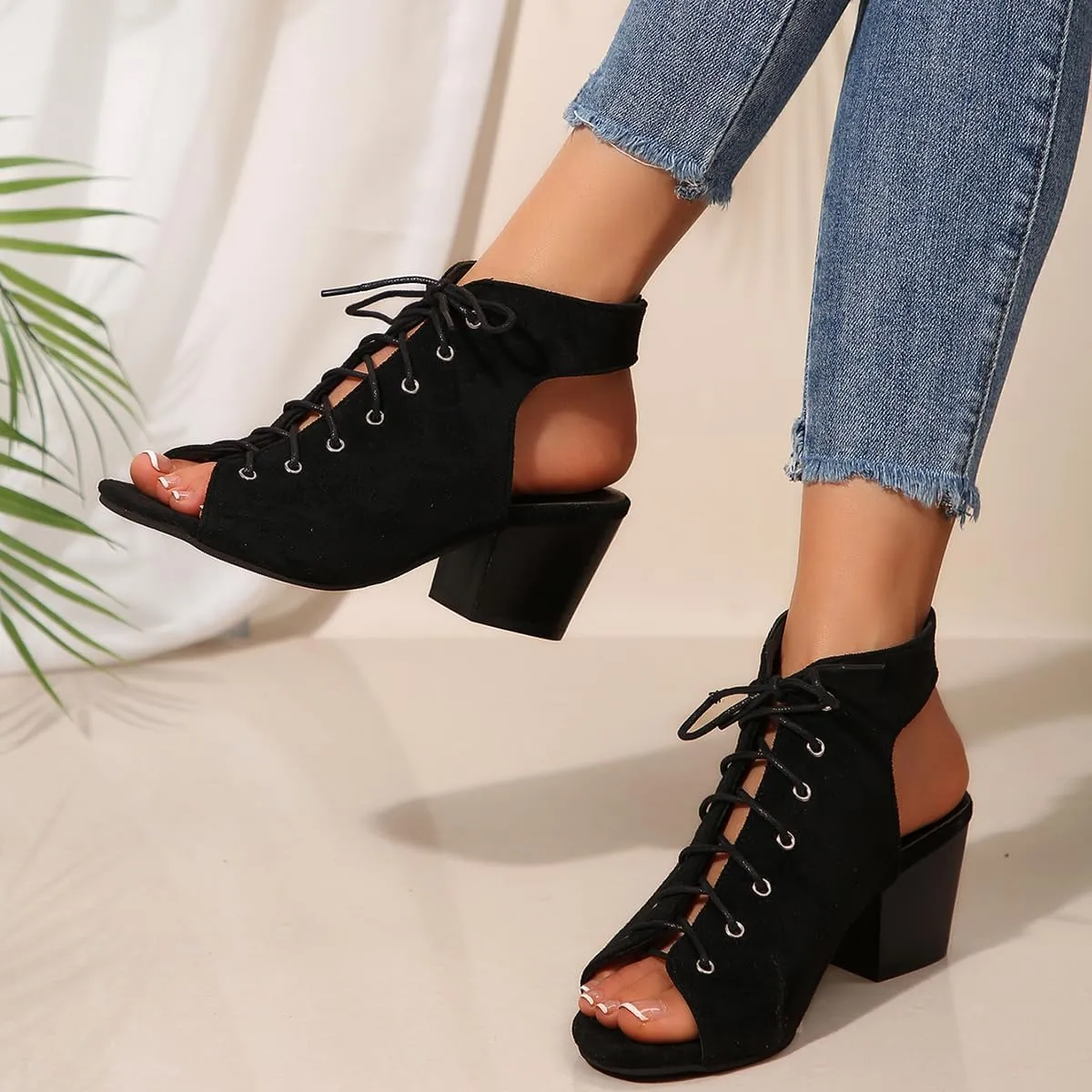 Women's Fashion Peep Toe Chunky Block Mid Heel Sandals Faux Suede Lace Up Summer Sandals Booties with Back Zip