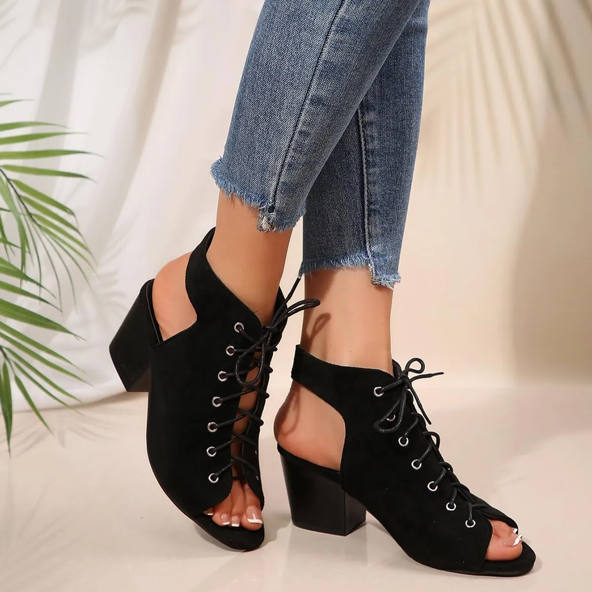 Women's Fashion Peep Toe Chunky Block Mid Heel Sandals Faux Suede Lace Up Summer Sandals Booties with Back Zip