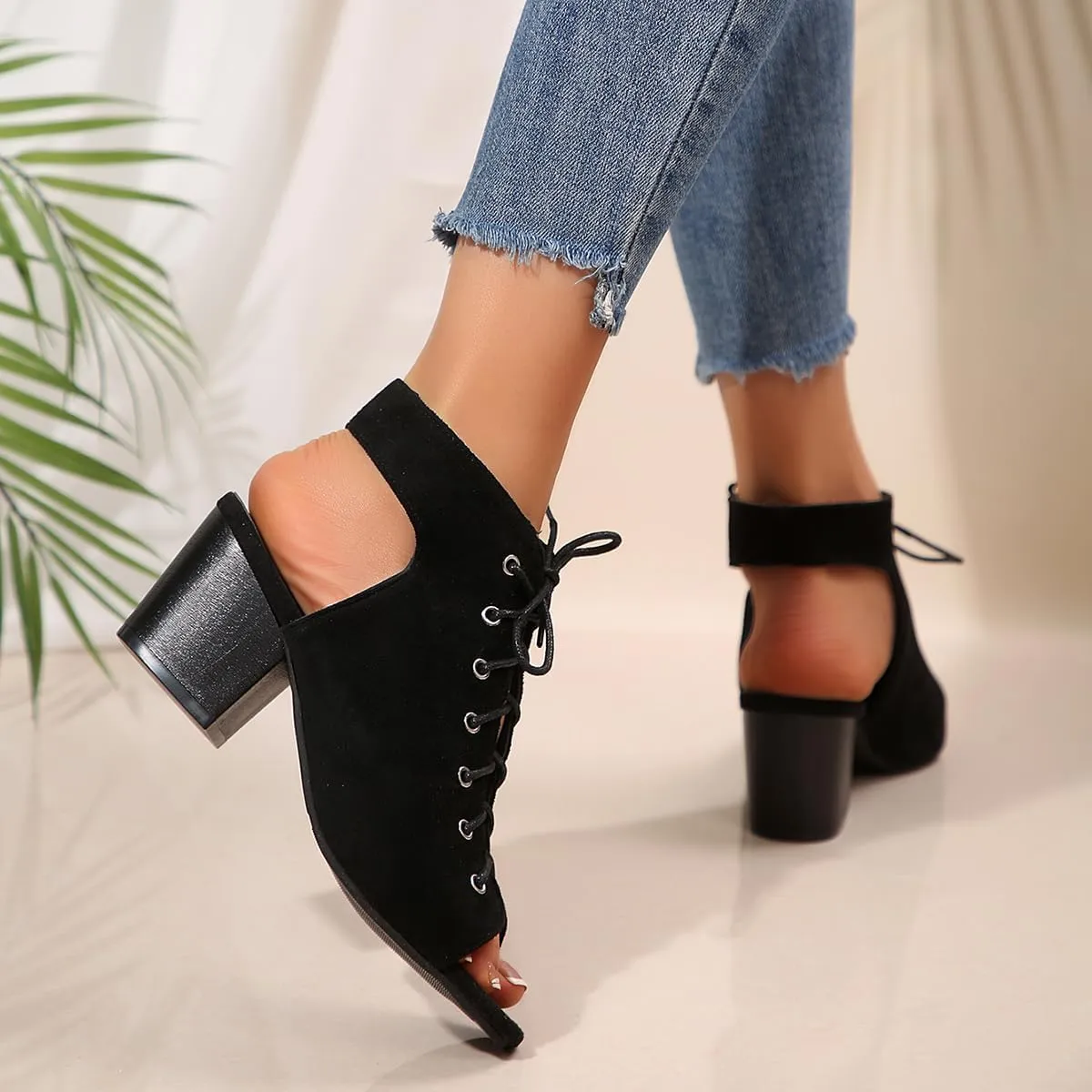 Women's Fashion Peep Toe Chunky Block Mid Heel Sandals Faux Suede Lace Up Summer Sandals Booties with Back Zip