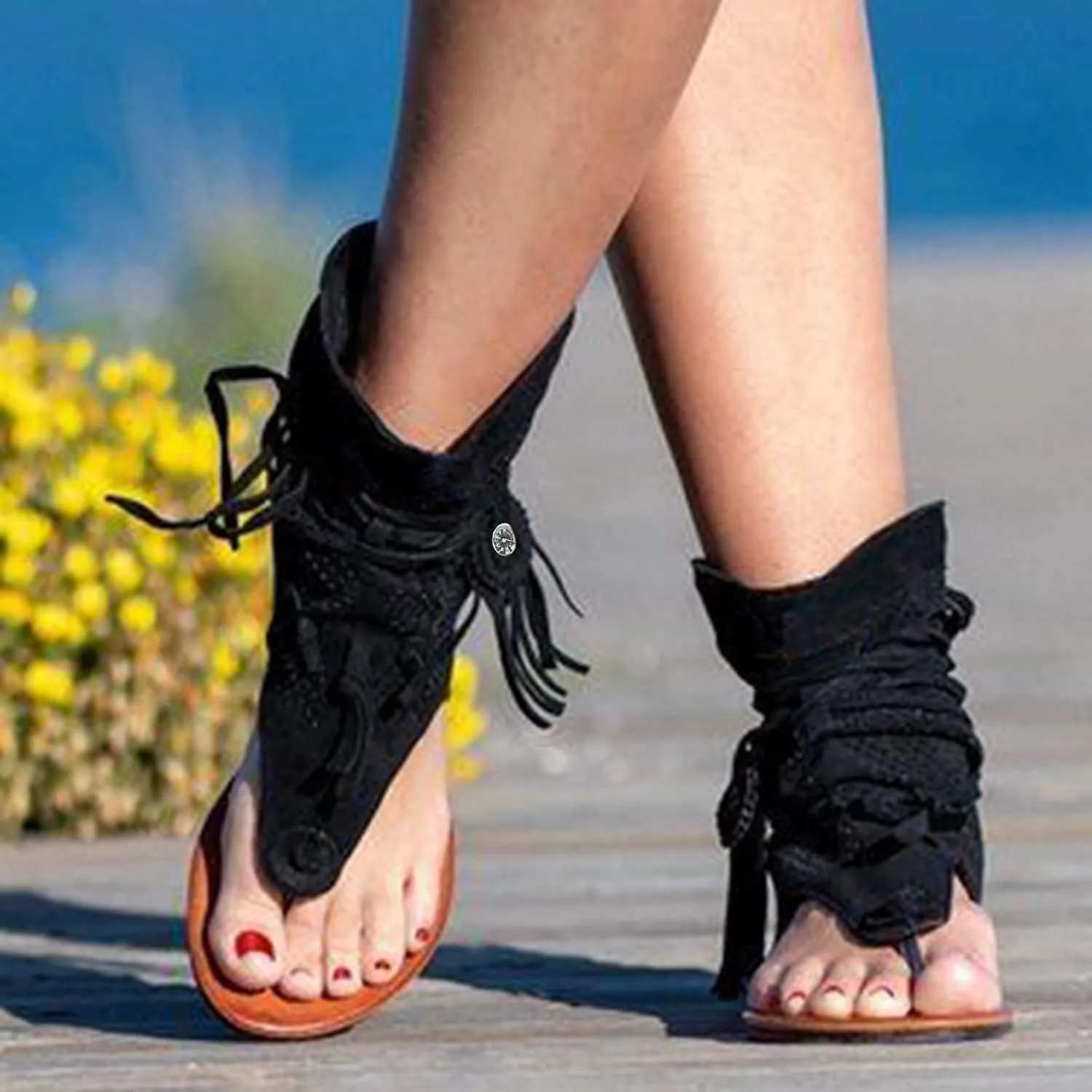 women's Fashion Sandals Bottom Hollow Summer Retro Flat Casual Toe Tassel Flat Sandals for Women Ladies Summer