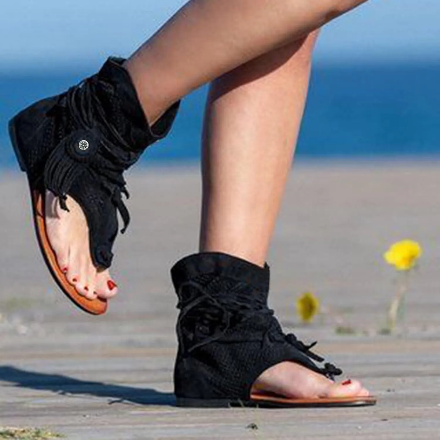 women's Fashion Sandals Bottom Hollow Summer Retro Flat Casual Toe Tassel Flat Sandals for Women Ladies Summer