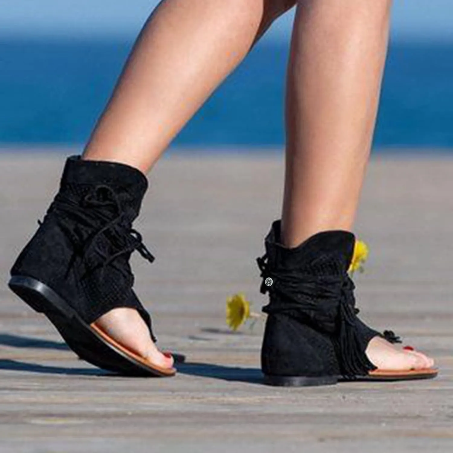 women's Fashion Sandals Bottom Hollow Summer Retro Flat Casual Toe Tassel Flat Sandals for Women Ladies Summer