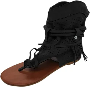 women's Fashion Sandals Bottom Hollow Summer Retro Flat Casual Toe Tassel Flat Sandals for Women Ladies Summer