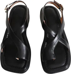 Womens Faux Leather Flat Sandals Footwear Open Toes Sandals Cross Strappy Ankle Strap Buckle Sandals Casual Daily Wear
