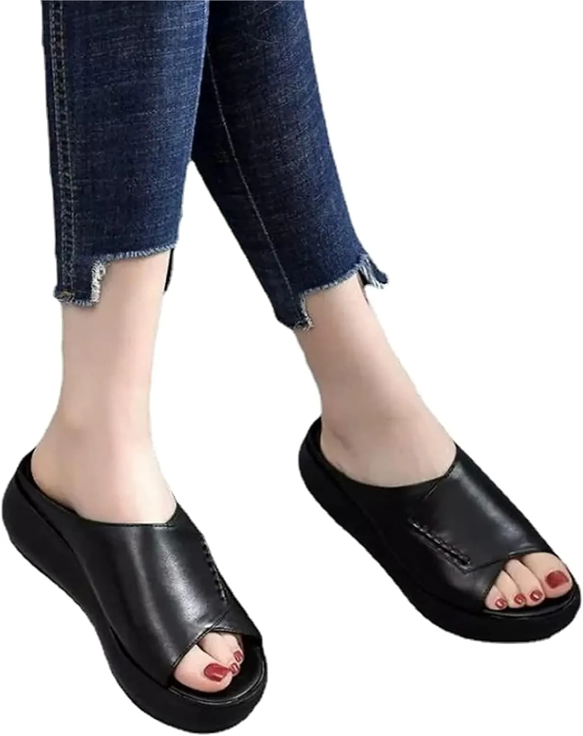 Women's Fish Mouth Platform Slippers Summer Ladies Slip on Round Toe Open Toe Mules Sandals Comfortable Orthotic Anti Slip Beach Flat Shoes