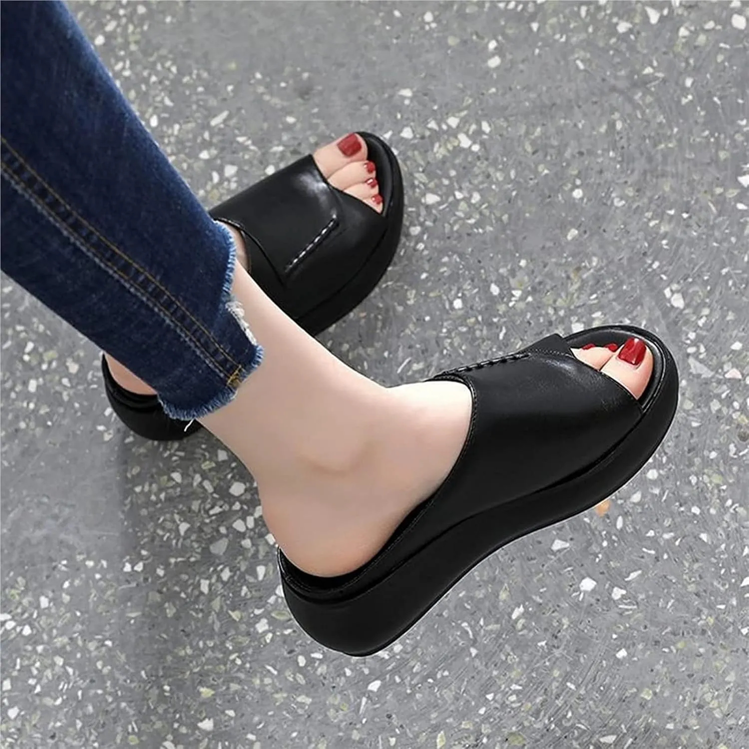 Women's Fish Mouth Platform Slippers Summer Ladies Slip on Round Toe Open Toe Mules Sandals Comfortable Orthotic Anti Slip Beach Flat Shoes