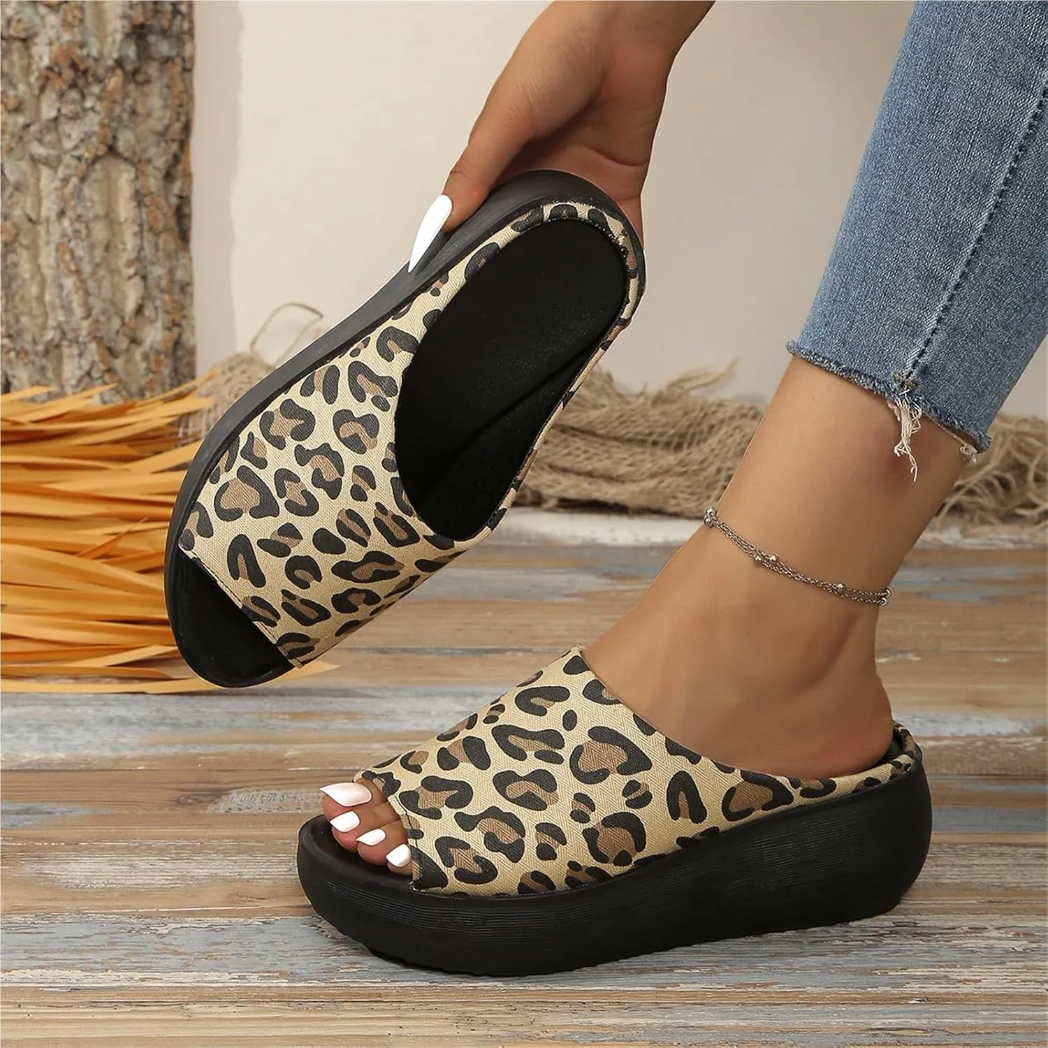 Women's Fish Mouth Platform Slippers Summer Ladies Slip on Round Toe Open Toe Mules Sandals Comfortable Orthotic Anti Slip Beach Flat Shoes