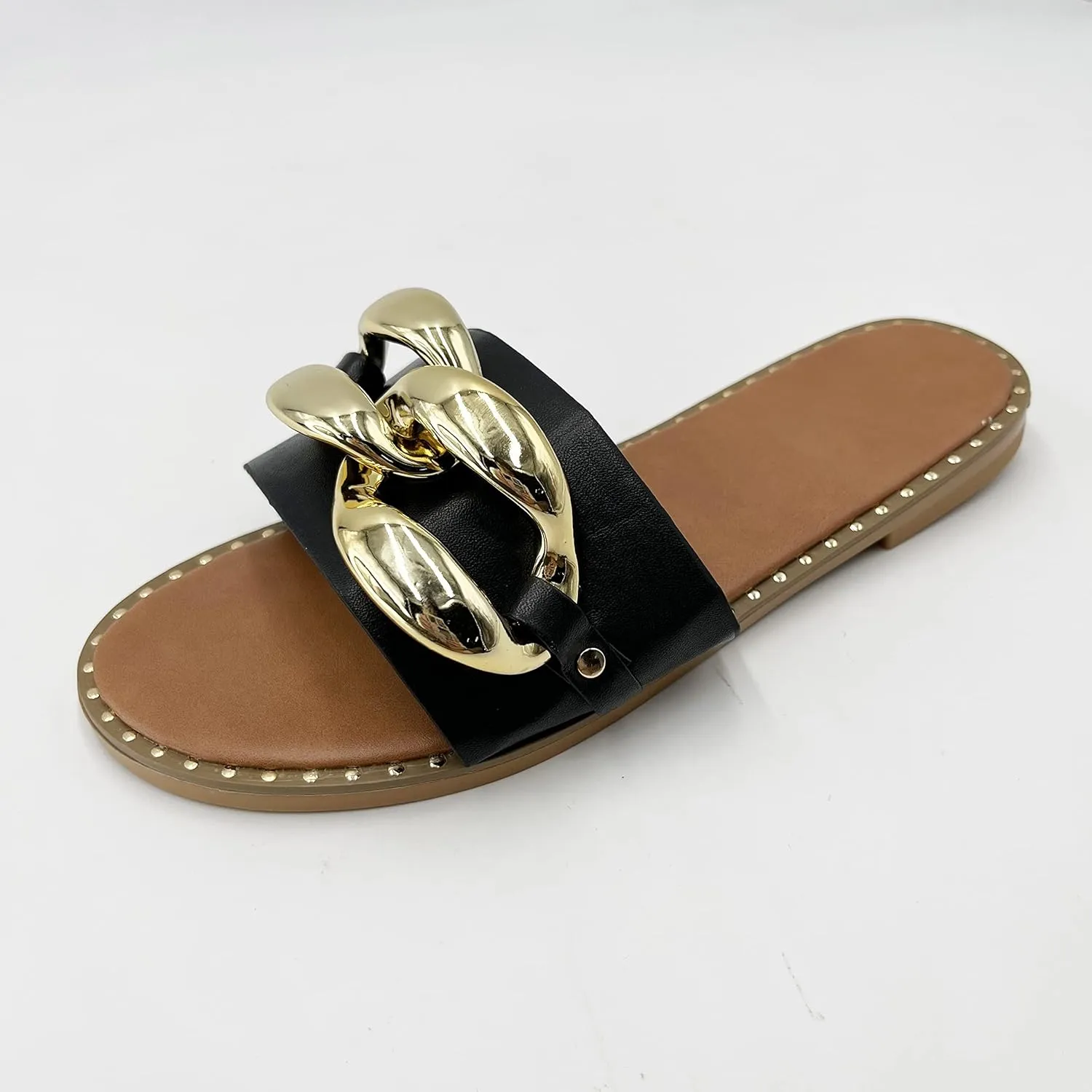 Women's Flat Heels Open Toe Backless Slippers Metallic Chains Slip On Summer Indoor Outdoor Slide Sandals.