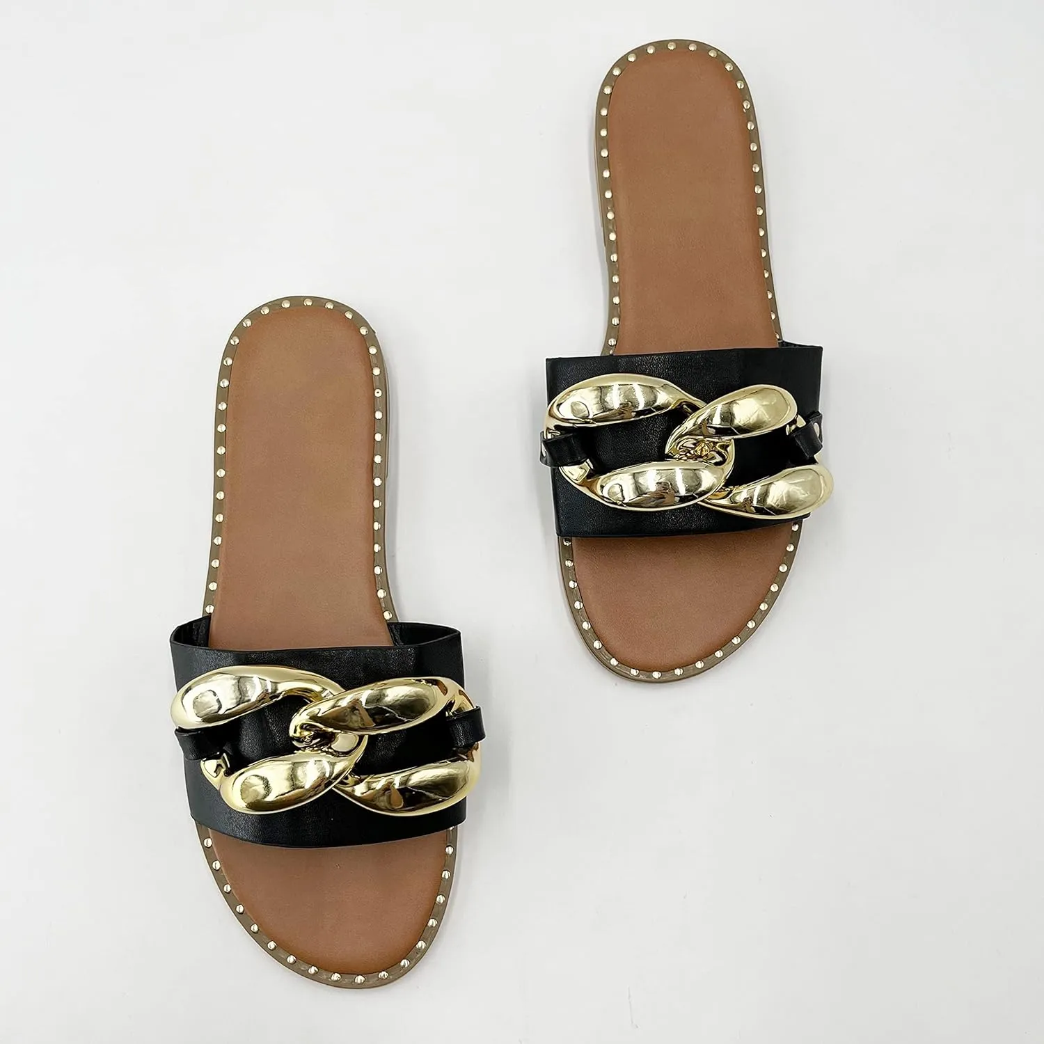 Women's Flat Heels Open Toe Backless Slippers Metallic Chains Slip On Summer Indoor Outdoor Slide Sandals.