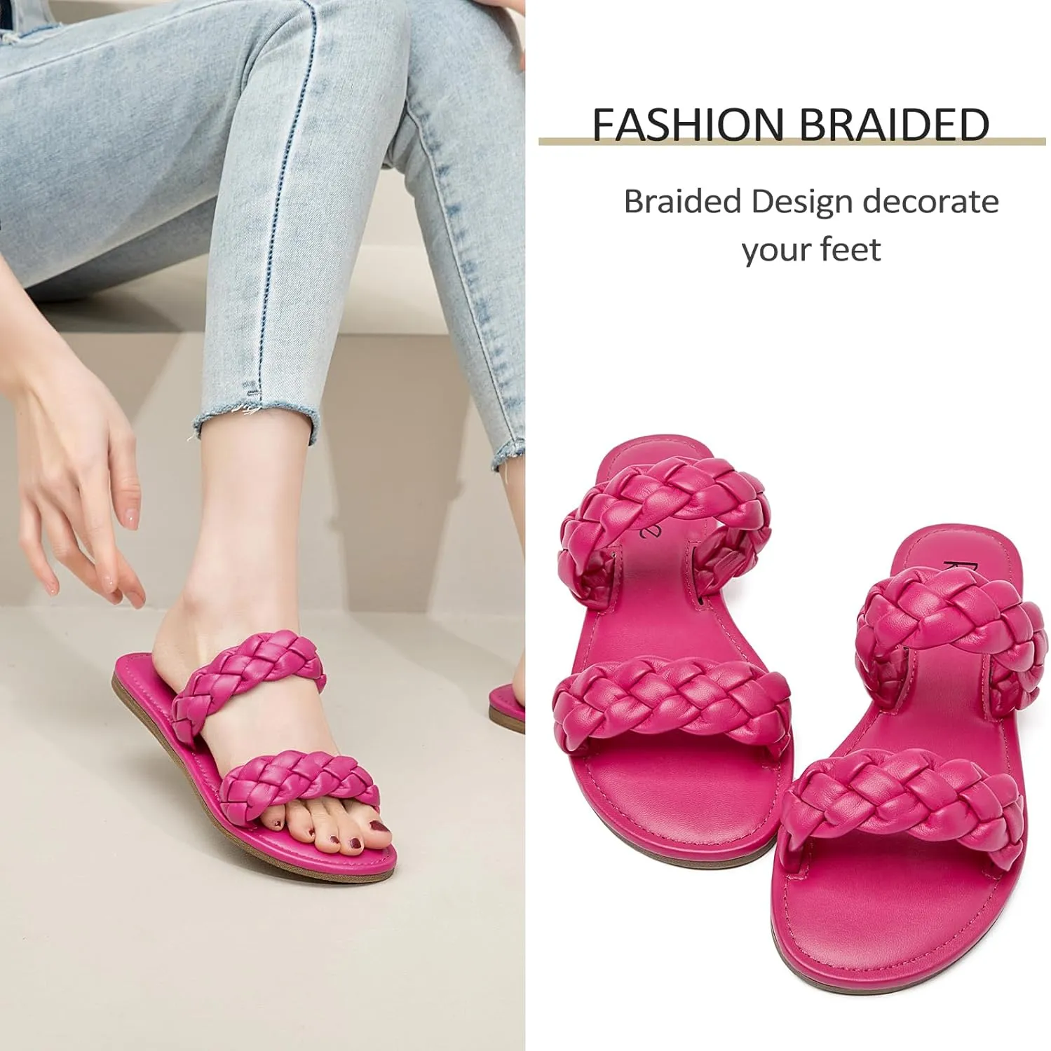 Women's Flat Slides Sandals, Summer Slippers Comfortable Braided Strap Round Open Toe Casual Beach Shoes for Women.