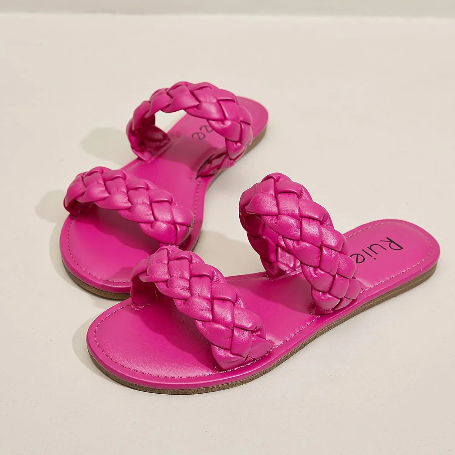 Women's Flat Slides Sandals, Summer Slippers Comfortable Braided Strap Round Open Toe Casual Beach Shoes for Women.