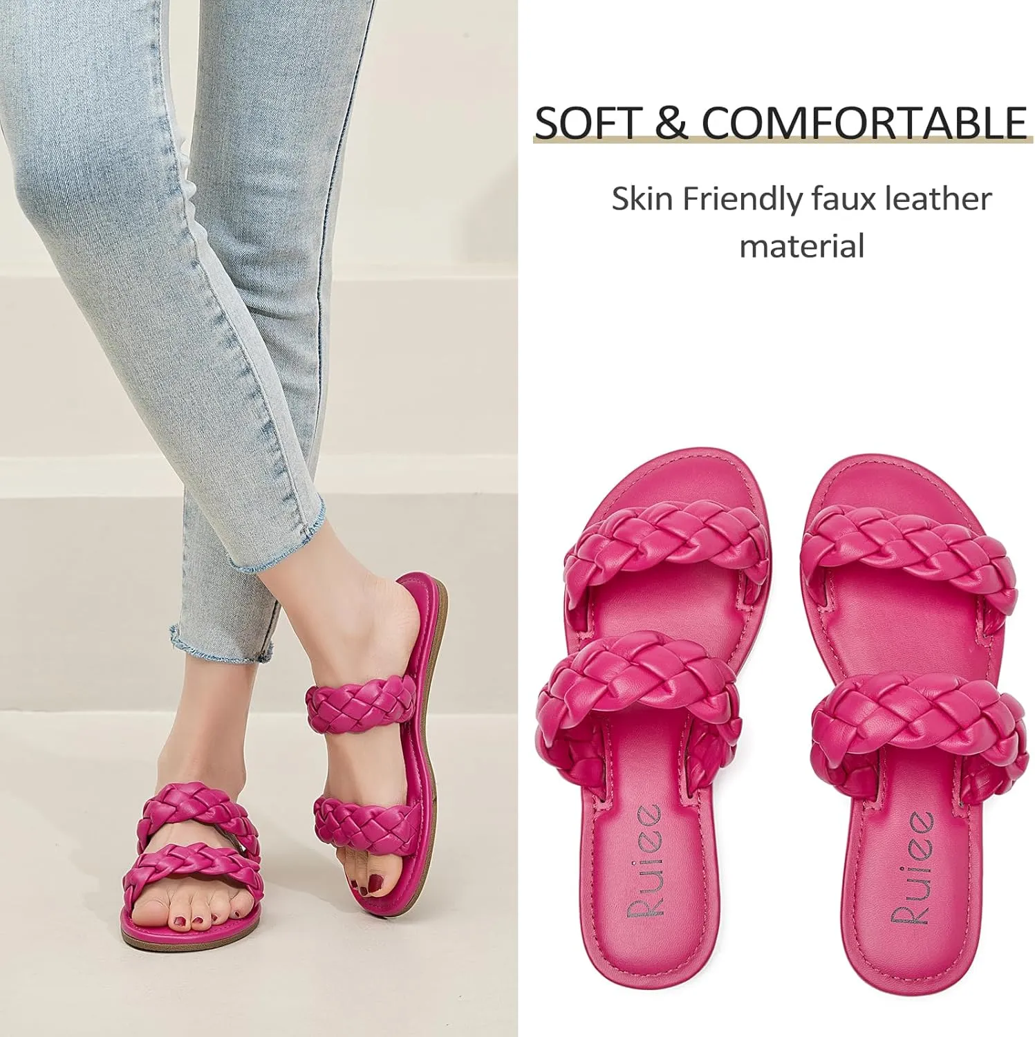 Women's Flat Slides Sandals, Summer Slippers Comfortable Braided Strap Round Open Toe Casual Beach Shoes for Women.