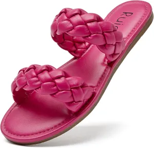 Women's Flat Slides Sandals, Summer Slippers Comfortable Braided Strap Round Open Toe Casual Beach Shoes for Women.