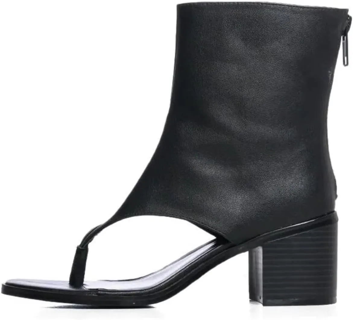 Women's Flip Flops Round Toe Sandal Boots Solid Color Back Zipper Block Heels