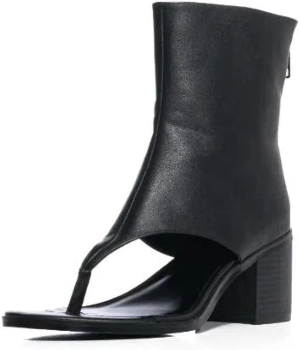Women's Flip Flops Round Toe Sandal Boots Solid Color Back Zipper Block Heels