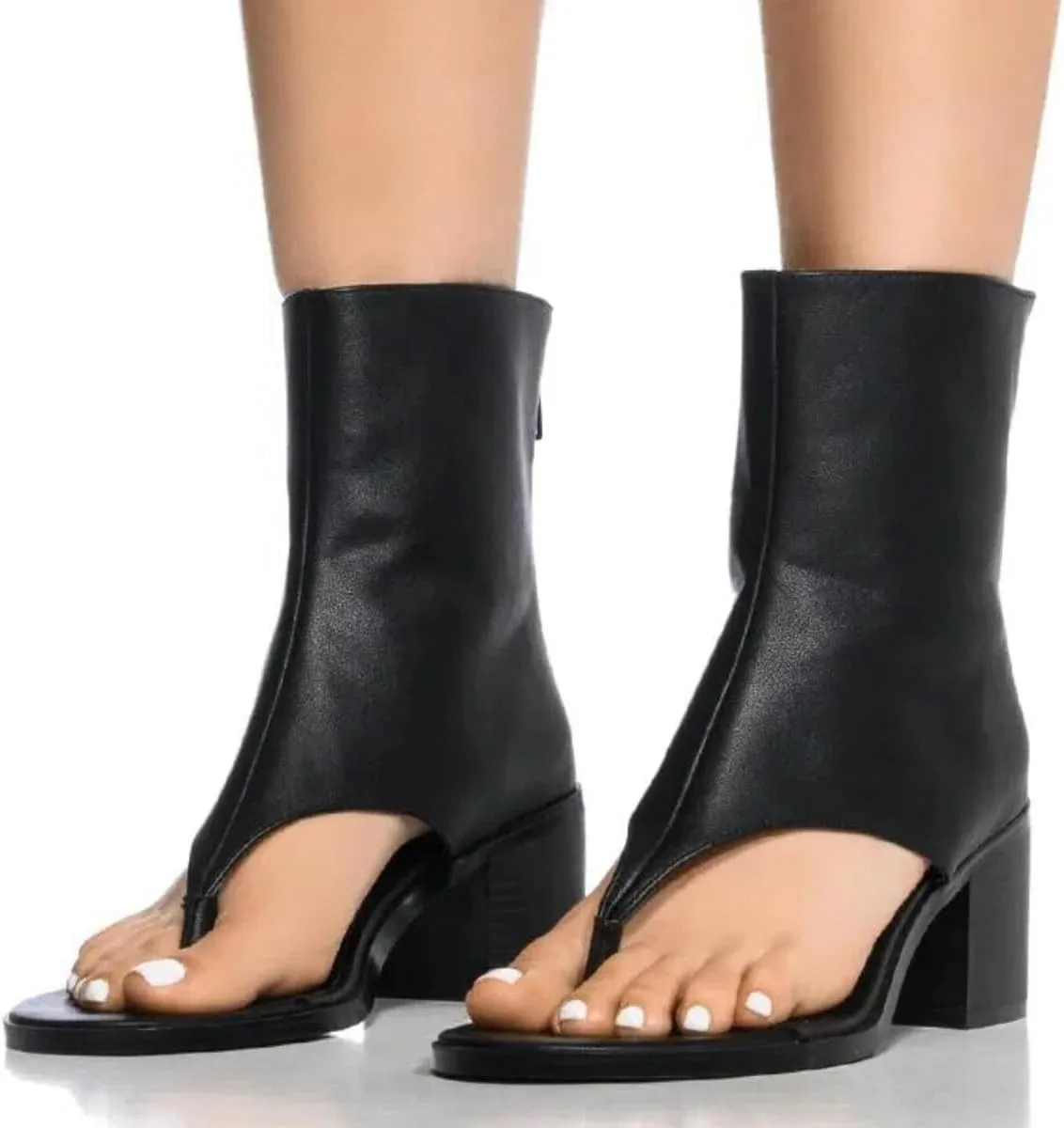 Women's Flip Flops Round Toe Sandal Boots Solid Color Back Zipper Block Heels