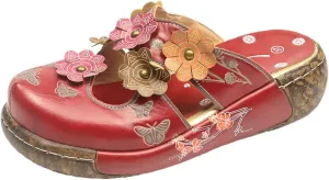 Women's Floral Clogs with Butterfly Print, Purple Leather Slip-On Mules, Decorative Multi-Color Flower Accents