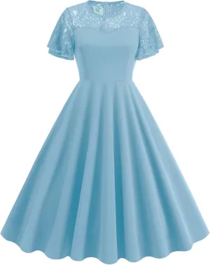 Womens Formal Dresses 1950s Mesh Floral Embroidery Vintage Cocktail Swing Ruffle Sleeve Midi Dress Prom Ball Gown