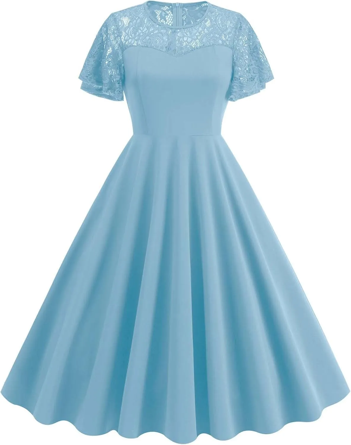 Womens Formal Dresses 1950s Mesh Floral Embroidery Vintage Cocktail Swing Ruffle Sleeve Midi Dress Prom Ball Gown