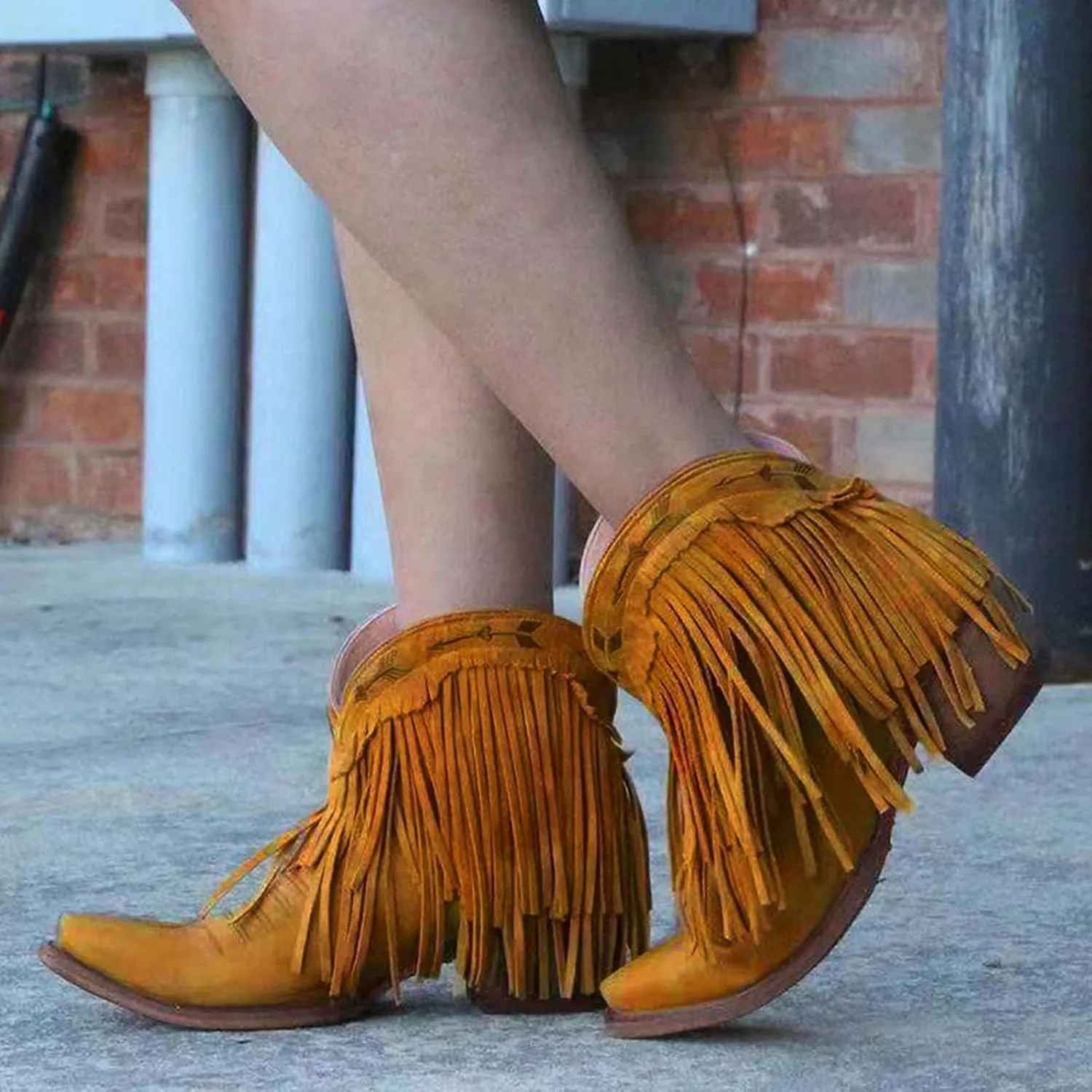 Women's Fringe Western Boot - Ankle Boots for Women Chunky Low Heel Almond Toe Slip on Western Booties Fashion Vintage Tassel Boots Slip On Chelsea Pump Ankle Booties Walking Short Boots