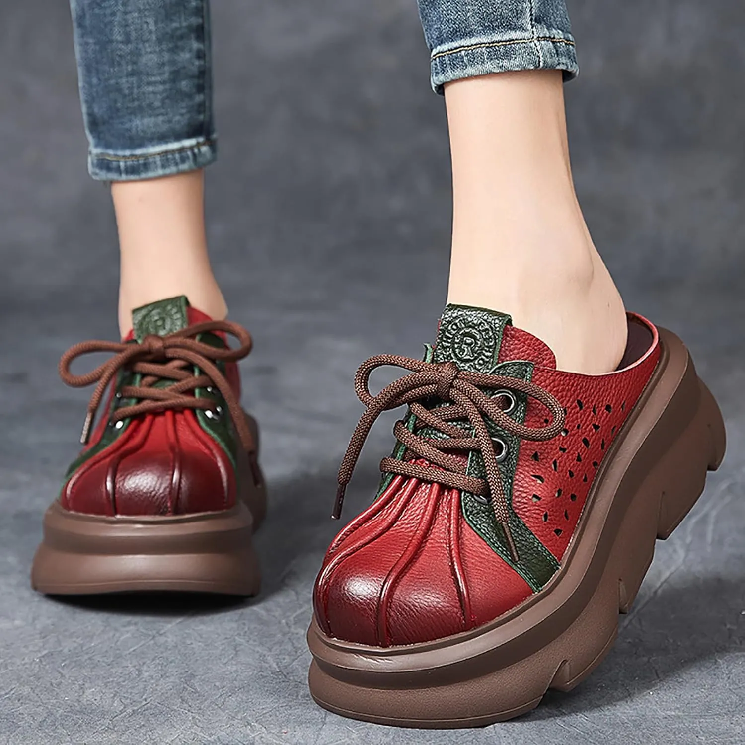 Women's Genuine Leather Hollow Lace Up Platform Mules Sandals Fashion Comfortable Round Closed Toe Slip-on Anti-slip Lug Sole Clogs for Beach Walking Dress Slippers mules for women mules for women