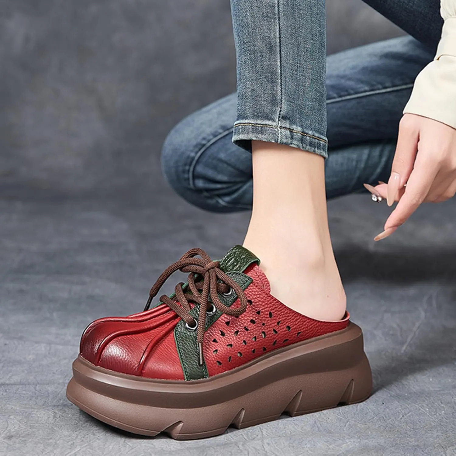 Women's Genuine Leather Hollow Lace Up Platform Mules Sandals Fashion Comfortable Round Closed Toe Slip-on Anti-slip Lug Sole Clogs for Beach Walking Dress Slippers mules for women mules for women