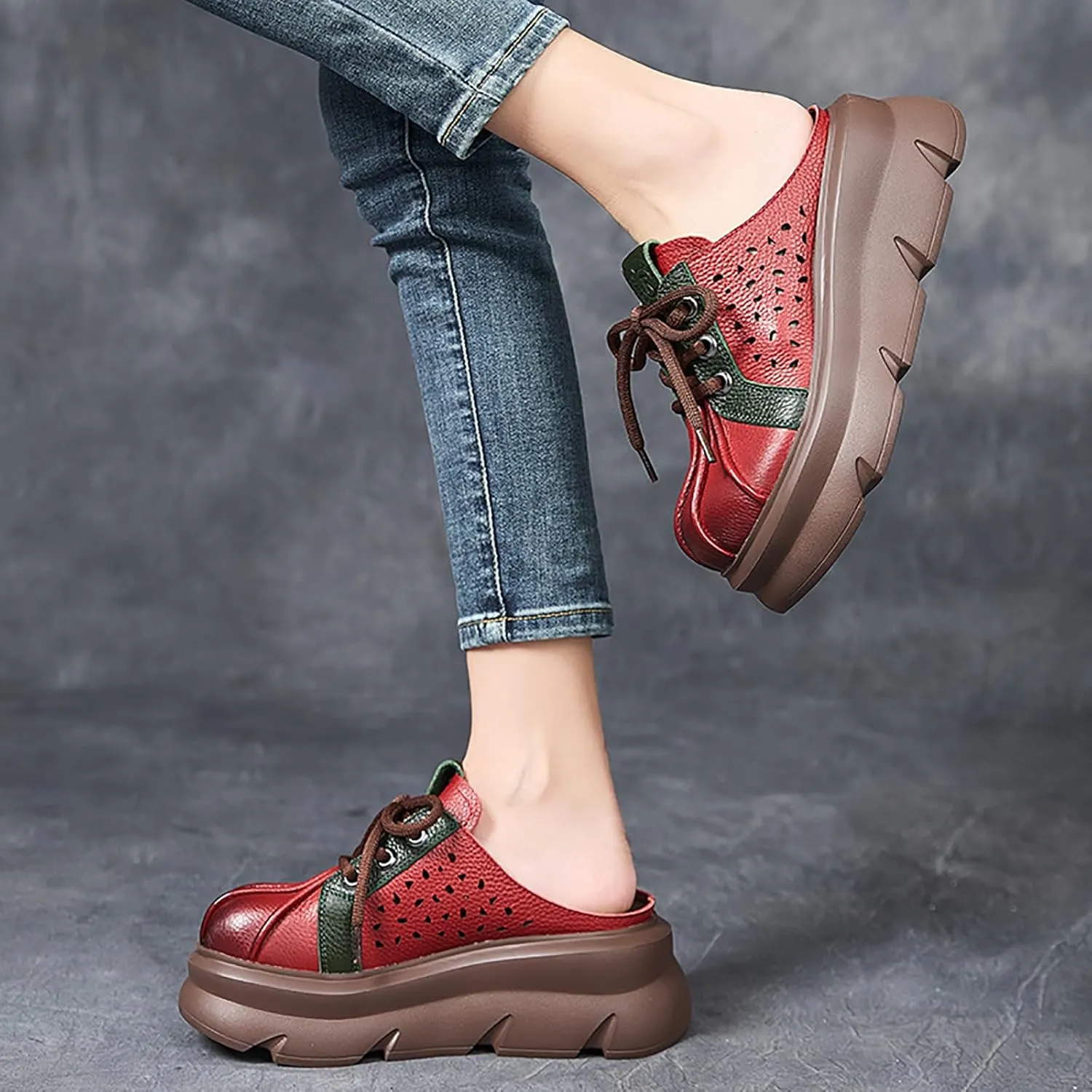 Women's Genuine Leather Hollow Lace Up Platform Mules Sandals Fashion Comfortable Round Closed Toe Slip-on Anti-slip Lug Sole Clogs for Beach Walking Dress Slippers mules for women mules for women
